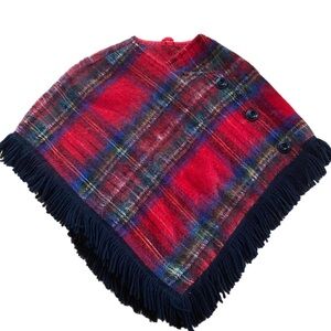 Vintage 60s Rannoch Designs made in Scotland Red Plaid Poncho with Black Fringe